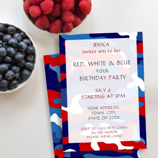 Red White Blue Camo Birthday Party Invitation (Red White and Blue. A camo party just for you!)