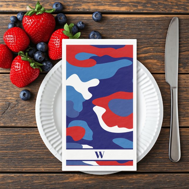 Red White Blue Camo Monogram 4th of July Patriotic Napkin (Here's some camo paper guest towels just for you in the colors of red, white and blue.)