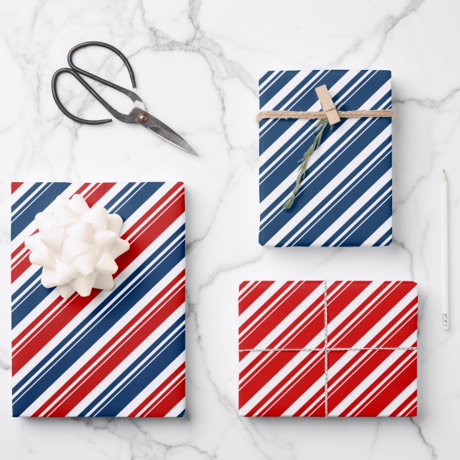 Red White & Blue Candy Cane Stripe Holiday Wrapping Paper Sheet (Front)