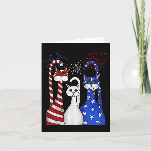 Red White Blue Cats Usa Flag Firework 4th Of July  Card (Front)