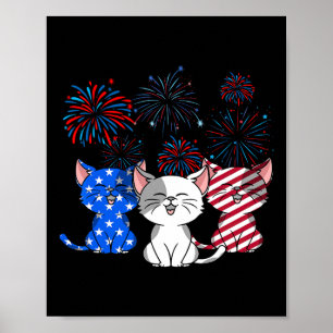 Red White Blue Cats Usa Flag Firework 4th Of July  Poster