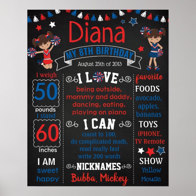 Red White Blue Cheerleader Birthday board Poster (Front)