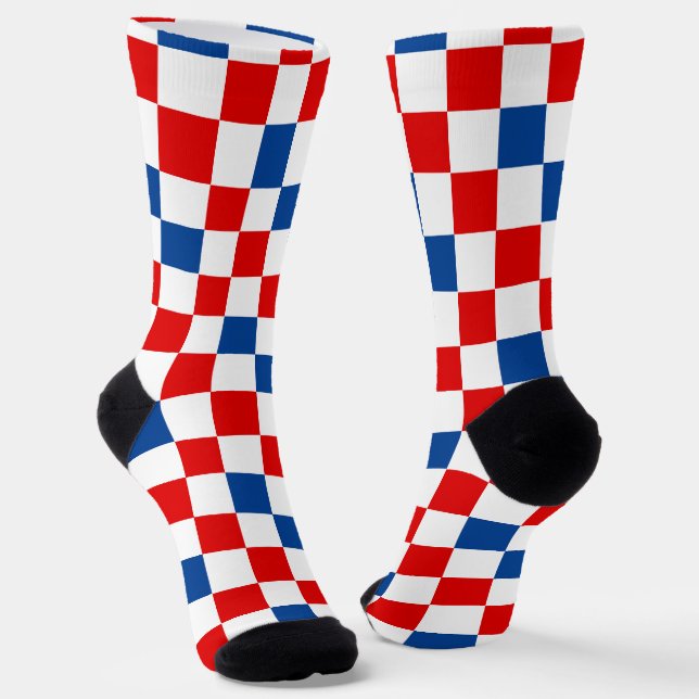 Red White Blue Chequered Pattern Design  Socks (Angled)