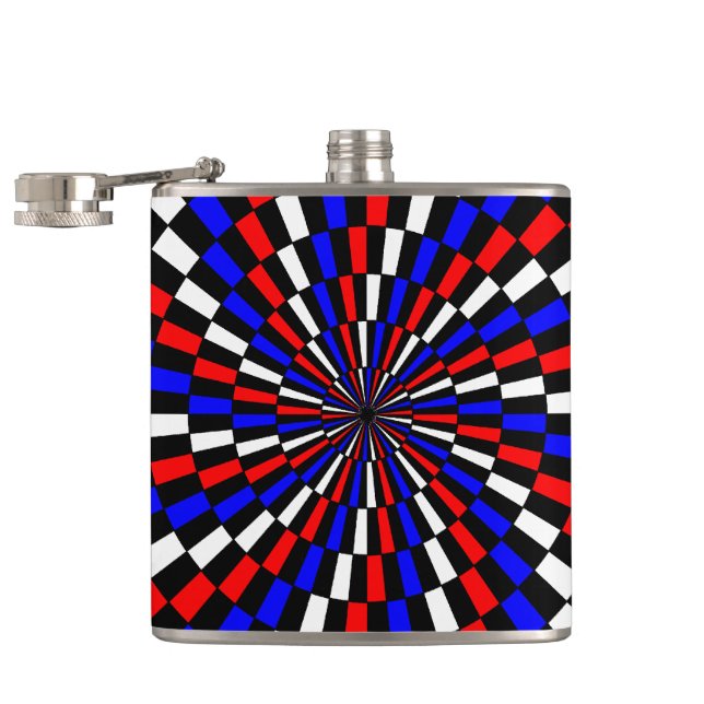 Red White Blue Chequered Spiral by Kenneth Yoncich Hip Flask (Opened)