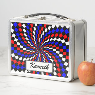Red White Blue Chequered Spiral by Kenneth Yoncich Metal Lunch Box