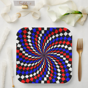 Red White Blue Chequered Spiral by Kenneth Yoncich Paper Plate