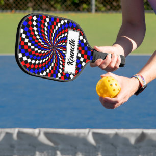 Red White Blue Chequered Spiral by Kenneth Yoncich Pickleball Paddle