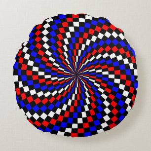 Red White Blue Chequered Spiral by Kenneth Yoncich Round Cushion