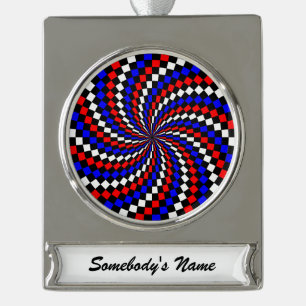 Red White Blue Chequered Spiral by Kenneth Yoncich Silver Plated Banner Ornament