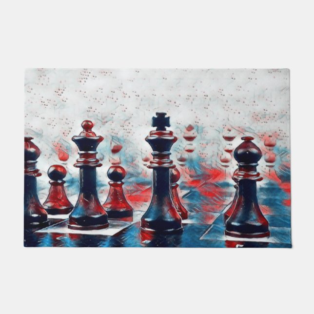 Red, White, Blue Chess Pieces King, Queen, Bishop Doormat (Front)