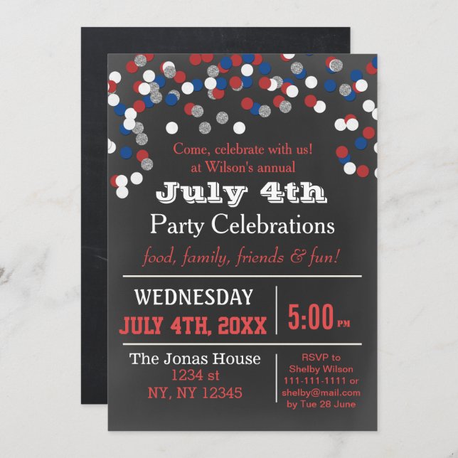 Red White Blue Confetti July 4th party Invitation (Front/Back)