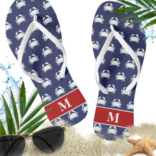 Red White Blue Crab Pattern Nautical Personalise Thongs
