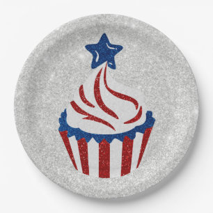 Red, White & Blue Cupcake July 4th Glitter Paper Plate