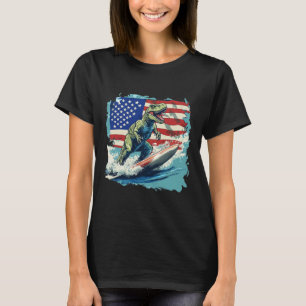 Red White Blue Dinosaur Surfing For Patriotic Juri T-Shirt