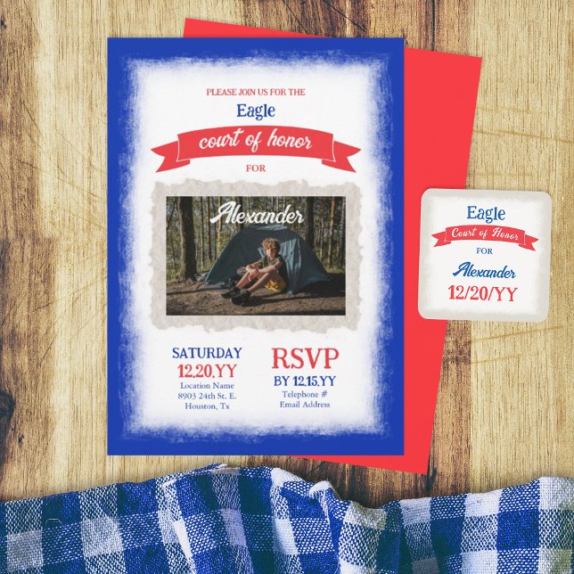 Red White Blue Eagle Scout Court of Honor Party (blue and red eagle scout court of honor ceremony invitation with party favor sticker)