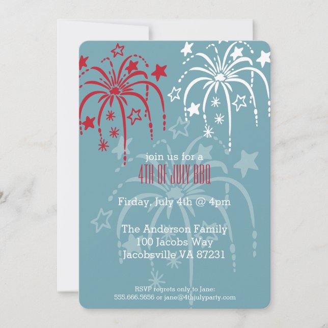 Red White & Blue Fireworks 4th of July Invitations (Front)