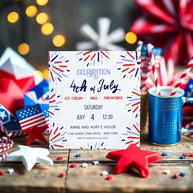 Red White Blue Fireworks 4th of July Summer Party Invitation (A simple yet joyful invitation for your 4th of july party!)