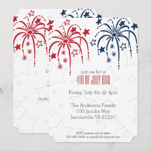 Red White & Blue Fireworks and Stars 4th of July Invitation
