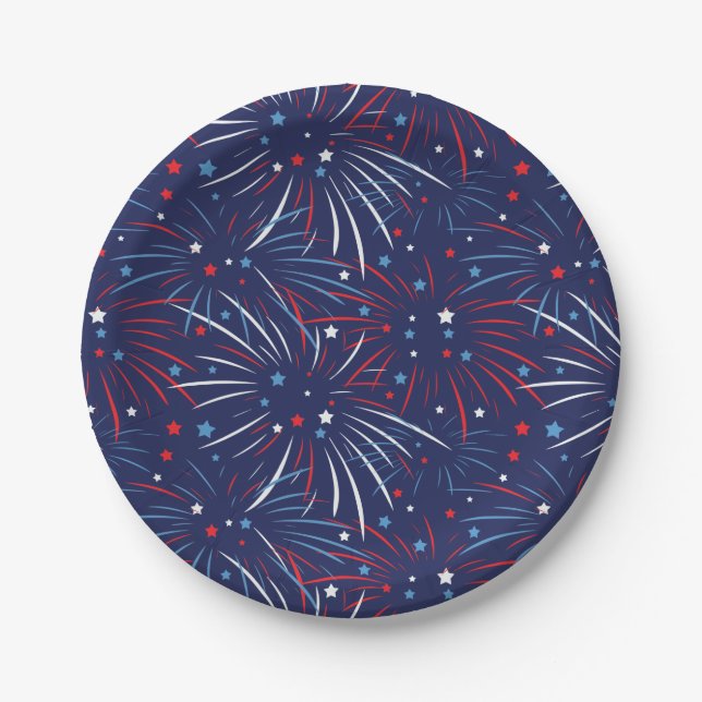 Red White Blue Fireworks Stars Paper Plate (Front)