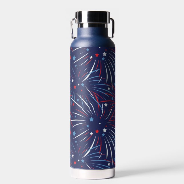 Red White Blue Fireworks Stars Water Bottle (Front)