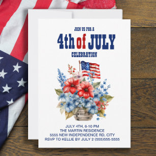 Red White Blue Flag Flowers 4th of July Invitation