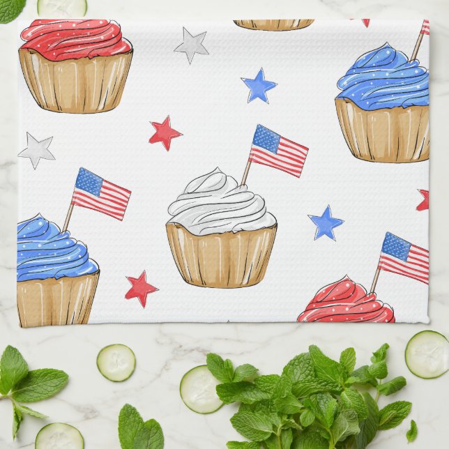 Red White Blue Flag Star Cupcakes Patriotic Tea Towel (Folded)