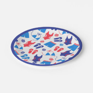 Red White Blue Flip Flop Swimsuit Pattern Paper Plate