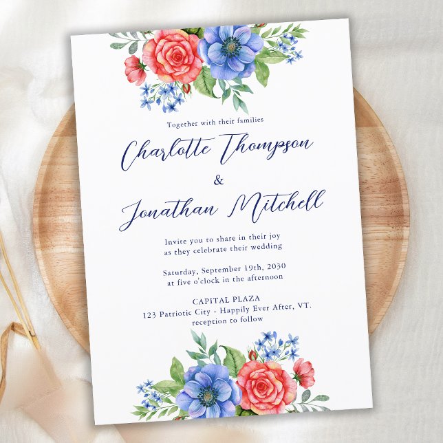 Red White Blue Floral 4th July Patriotic Wedding Invitation (Creator Uploaded)