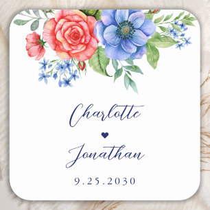 Red White Blue Floral 4th July Patriotic Wedding Square Sticker
