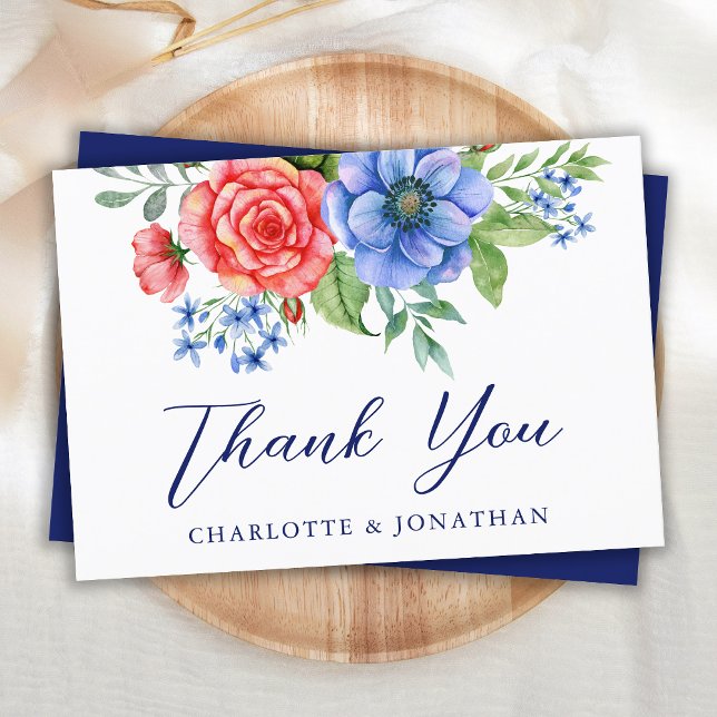 Red White Blue Floral 4th July Patriotic Wedding Thank You Card (Creator Uploaded)