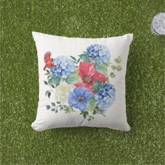 Red/White/Blue Floral Bouquet with Birds Cushion