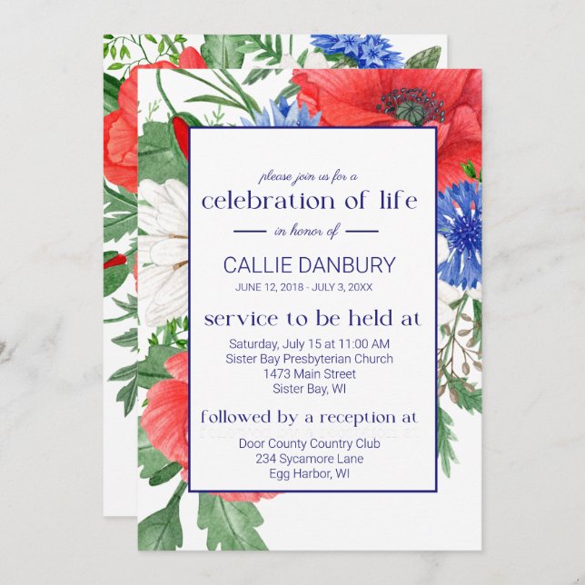 Red White Blue Floral Funeral Celebration of Life Invitation (Front/Back)