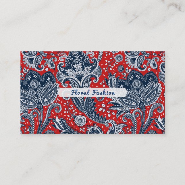 Red White & Blue Floral Paisley Bohemian Boho Business Card (Front)