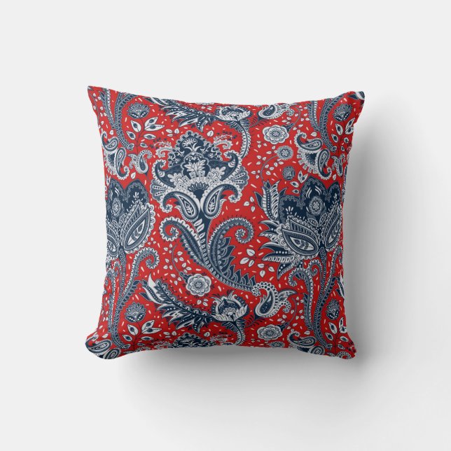 Red White & Blue Floral Paisley Bohemian Boho Cushion (Front)