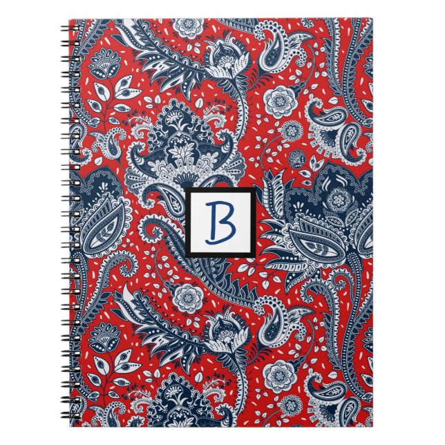 Red White & Blue Floral Paisley Bohemian Boho Notebook (Front)