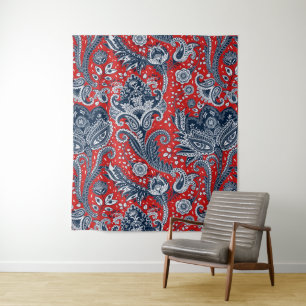 Red White & Blue Floral Paisley Bohemian Boho Tapestry