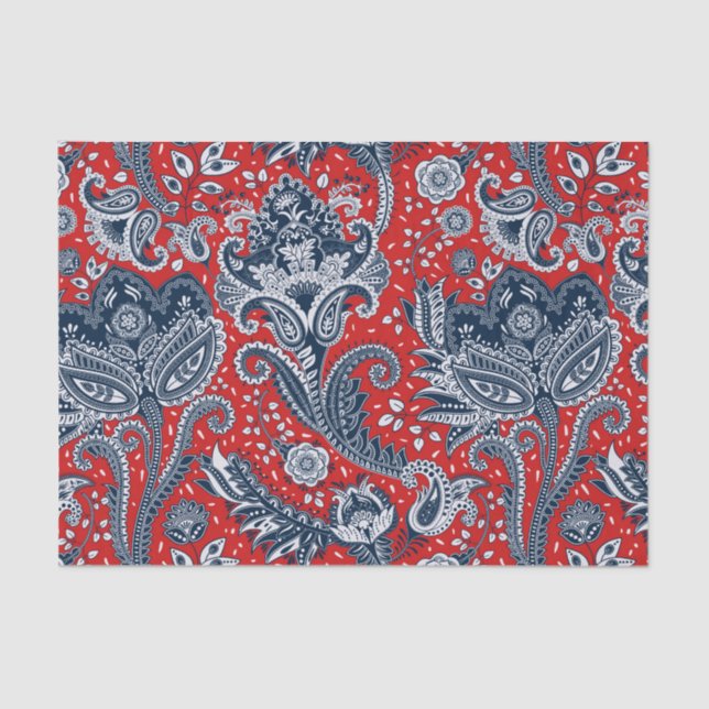 Red White & Blue Floral Paisley Bohemian Boho Tissue Paper (Front)