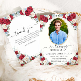 Red White Blue Floral Photo Funeral Memorial Thank You Card