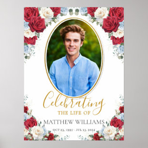 Red White Blue Floral Picture Funeral Memorial Poster
