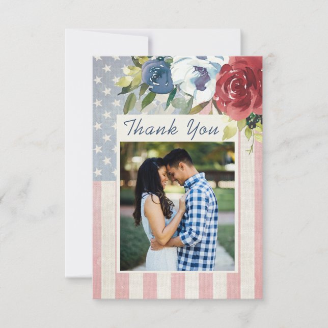 Red White Blue Floral USA Flag Photo Thank You Card (Front)