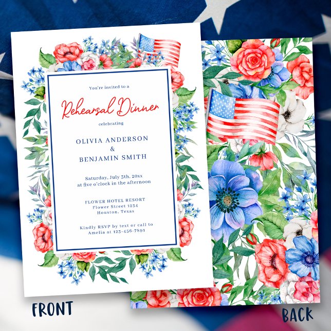 Red White Blue Floral Wedding Rehearsal Dinner Invitation (Creator Uploaded)