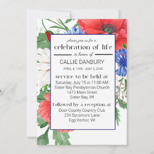 Red White & Blue Florals Funeral Photo Invitation