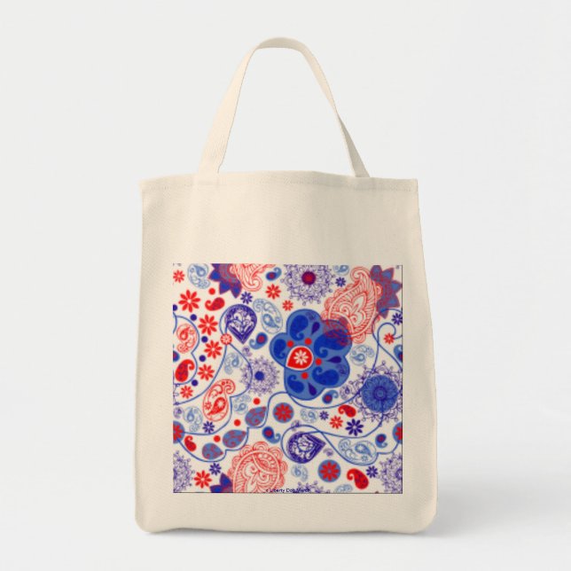RED, WHITE, BLUE FLOWER DESIGNER SHOPPING TOTE (Front)