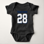 Red White Blue Football Jersey Sports Baby Romper Baby Bodysuit<br><div class="desc">Cute football jersey bodysuit for baby. Mum and dad love sports. It's only natural the baby should too. Cute baby bodysuit in red, white and steel blue. You can customise the name and player number on the front and back of the jersey. Not just for football fans. Any type of...</div>