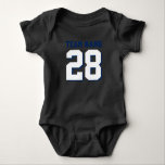 Red White Blue Football Jersey Sports Baby Romper Bodysuit<br><div class="desc">Cute football jersey bodysuit for baby. Mum and dad love sports. It's only natural the baby should too. Cute baby bodysuit in red, white and steel blue. You can customise the name and player number on the front and back of the jersey. Not just for football fans. Any type of...</div>