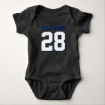 Red White Blue Football Jersey Sports Baby Romper Bodysuit<br><div class="desc">Cute football jersey bodysuit for baby. Mum and dad love sports. It's only natural the baby should too. Cute baby bodysuit in red, white and steel blue. You can customise the name and player number on the front and back of the jersey. Not just for football fans. Any type of...</div>