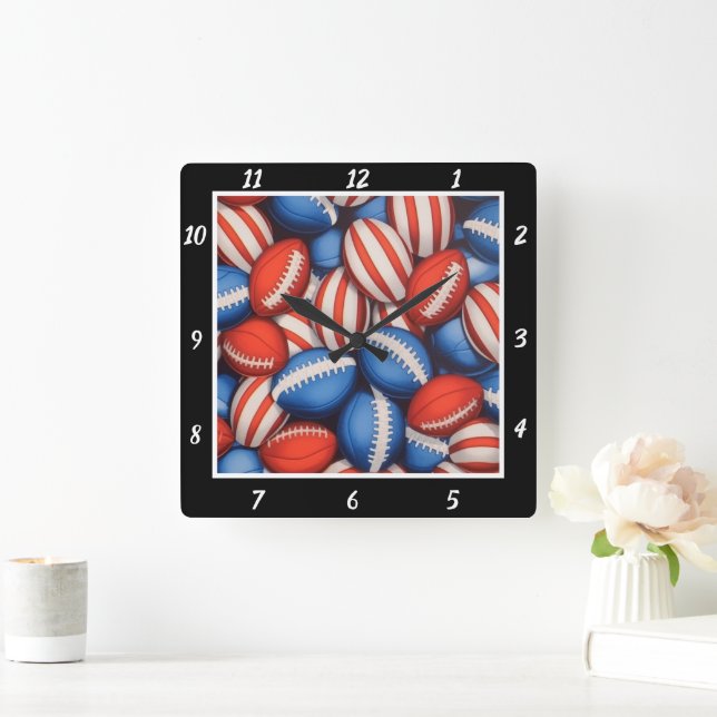 Red White Blue Football  Square Wall Clock (Home)