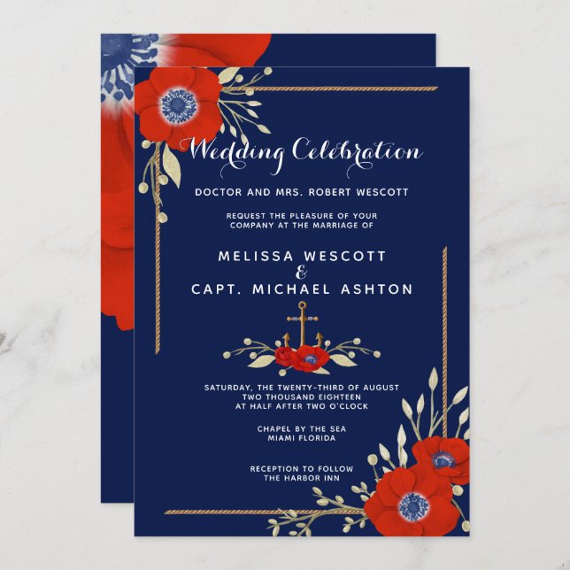 Red White & Blue Formal Anemone Nautical Wedding Invitation (Front/Back)
