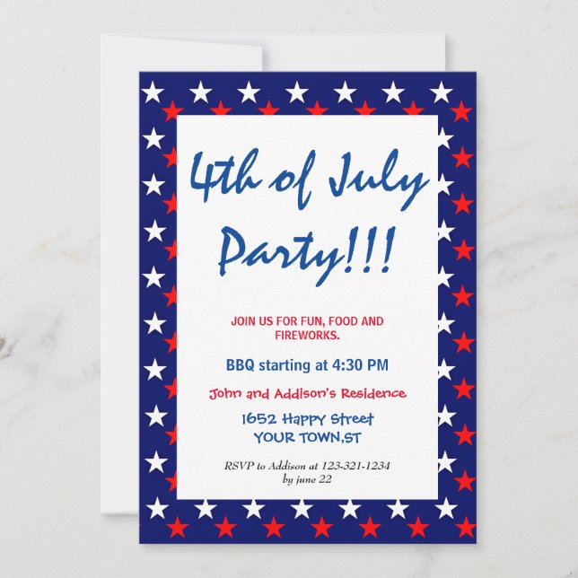 Red White & Blue Fourth of JULY  simple STARS Invitation (Front)