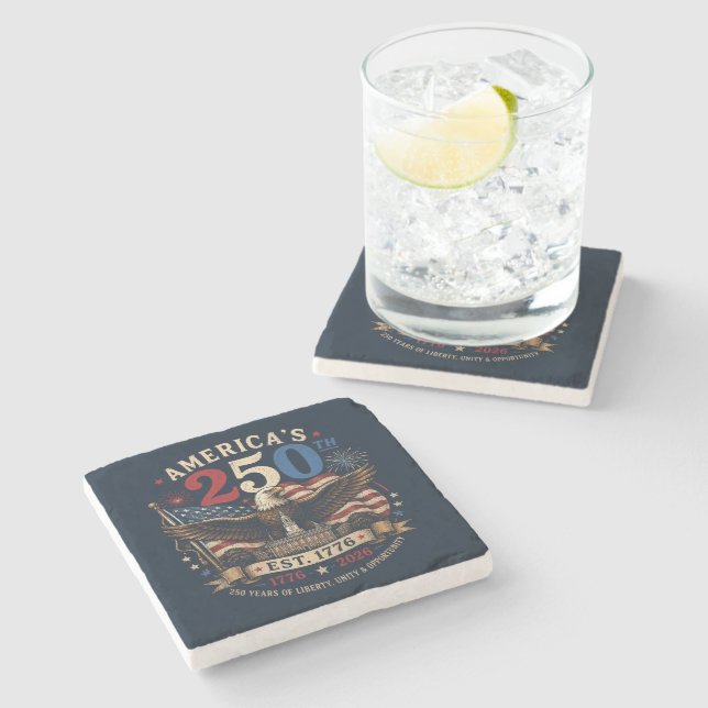 Red White Blue Fourth Of July Stone Coaster (Side)